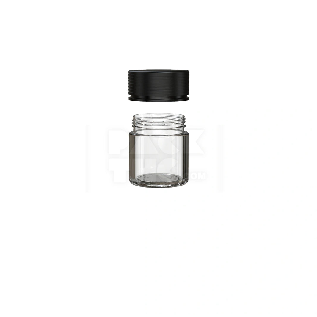 image 2OZ (60CC) SPIRAL THICK-WALL CR CONTAINER WITH INTEGRATED LINER & TAMPER EVIDENT BREAK-OFF BAND (CLEAR NATURAL CONTAINER WITH OPAQUE BLACK CLOSURE) - (150 count)