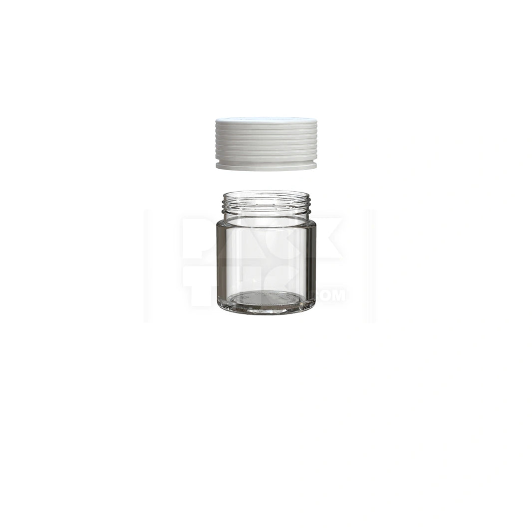 image 2OZ (60CC) SPIRAL THICK-WALL CR CONTAINER WITH INTEGRATED LINER & TAMPER EVIDENT BREAK-OFF BAND (CLEAR NATURAL CONTAINER WITH OPAQUE WHITE CLOSURE) - (150 count)