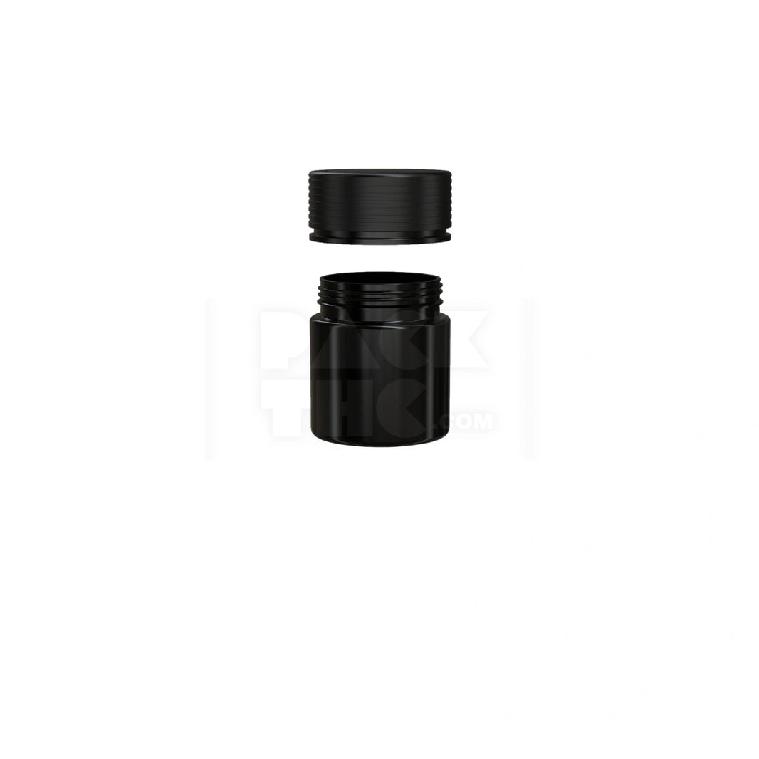 image 2OZ (60CC) SPIRAL THICK-WALL CR CONTAINER WITH INTEGRATED LINER & TAMPER EVIDENT BREAK-OFF BAND (OPAQUE BLACK CONTAINER WITH OPAQUE BLACK CLOSURE) - (150 count)