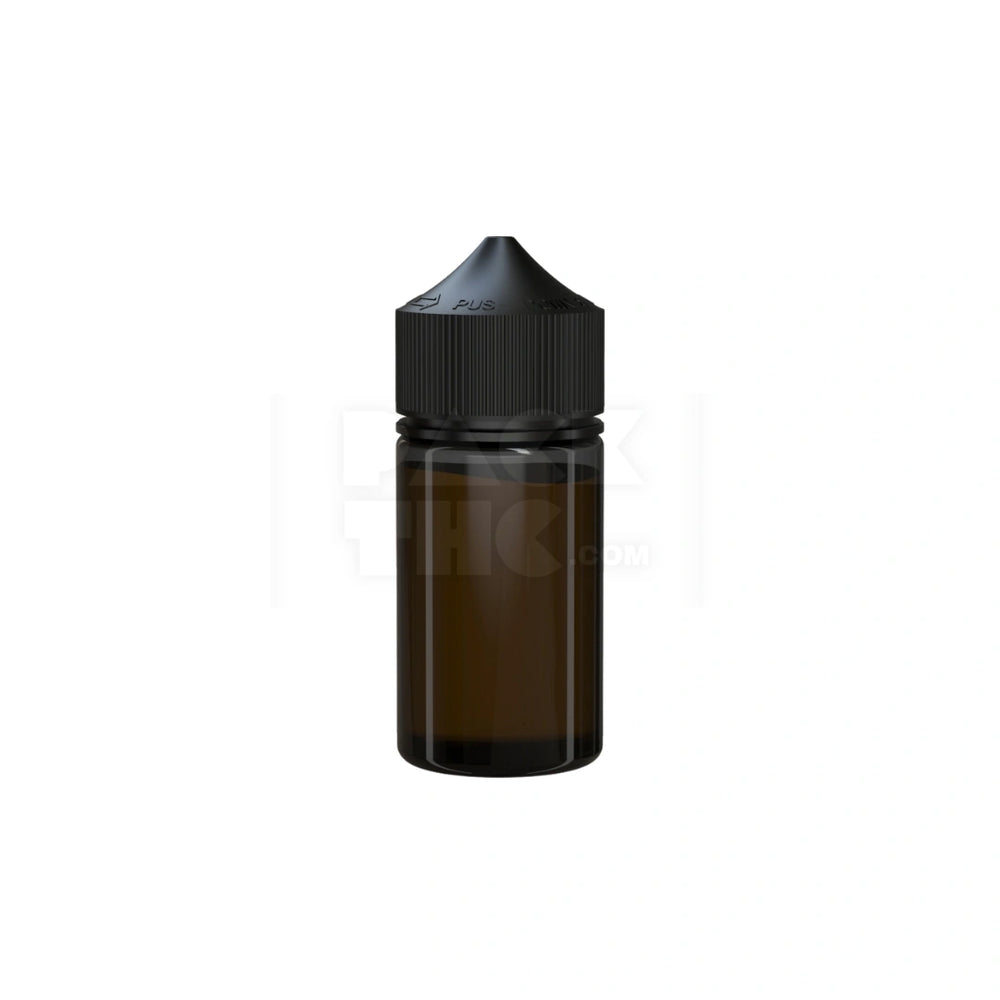 60ML MINI PET UNICORN BOTTLE WITH CR & TAMPER EVIDENT BREAK-OFF BAND (TRANSLUCENT BLACK BOTTLE WITH OPAQUE BLACK CLOSURE) - (500 count)