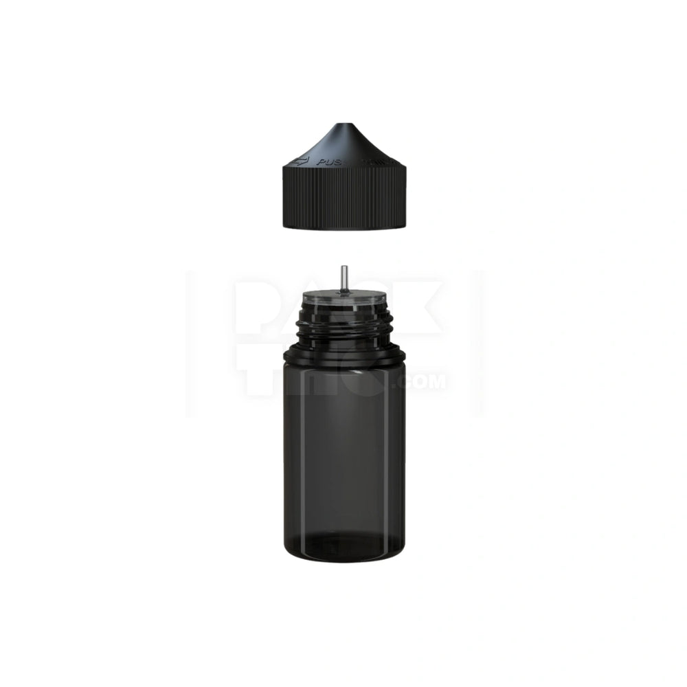 60ML MINI PET UNICORN BOTTLE WITH CR & TAMPER EVIDENT BREAK-OFF BAND (TRANSLUCENT BLACK BOTTLE WITH OPAQUE BLACK CLOSURE) - (500 count)