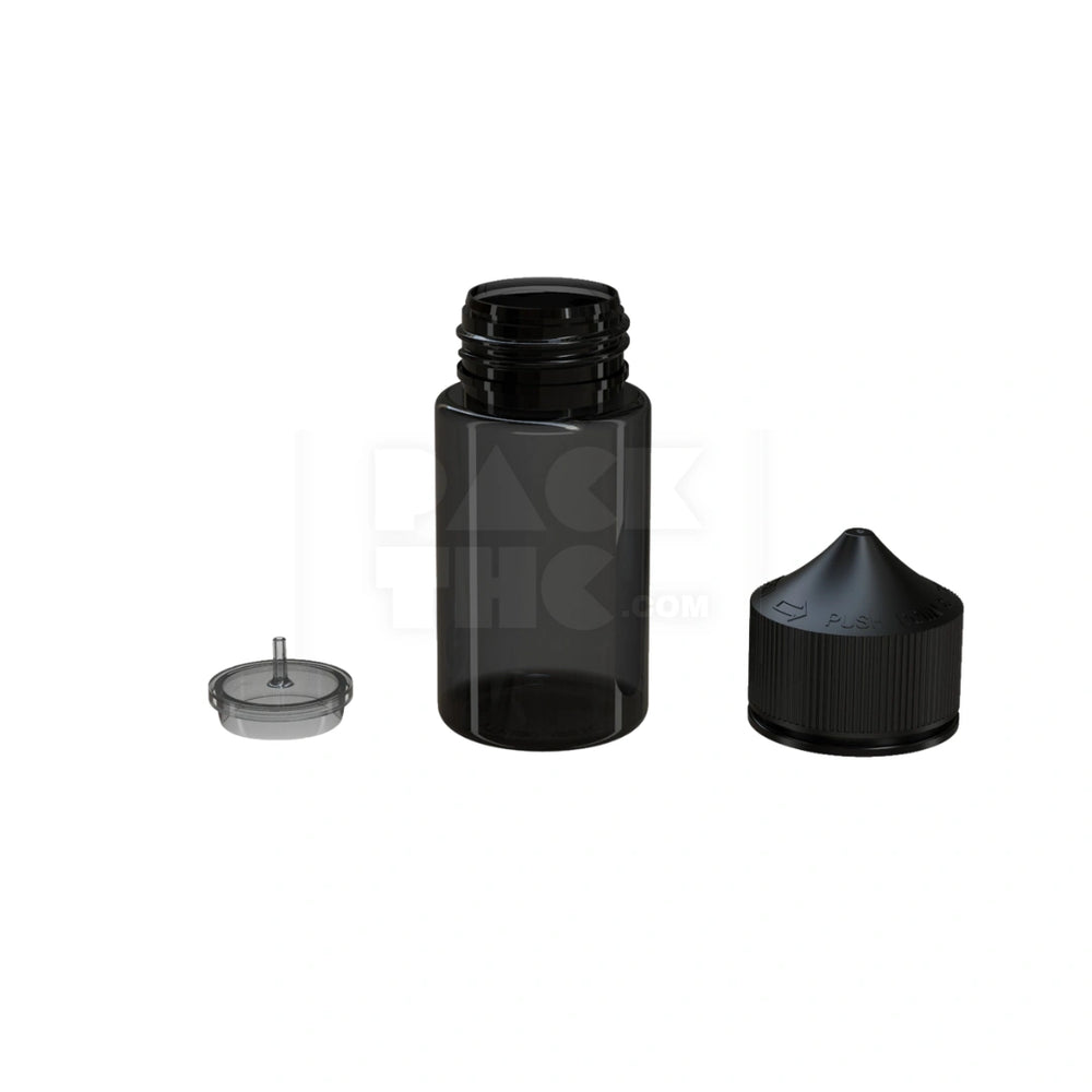 60ML MINI PET UNICORN BOTTLE WITH CR & TAMPER EVIDENT BREAK-OFF BAND (TRANSLUCENT BLACK BOTTLE WITH OPAQUE BLACK CLOSURE) - (500 count)