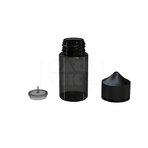 60ML MINI PET UNICORN BOTTLE WITH CR & TAMPER EVIDENT BREAK-OFF BAND (TRANSLUCENT BLACK BOTTLE WITH OPAQUE BLACK CLOSURE) - (500 count)
