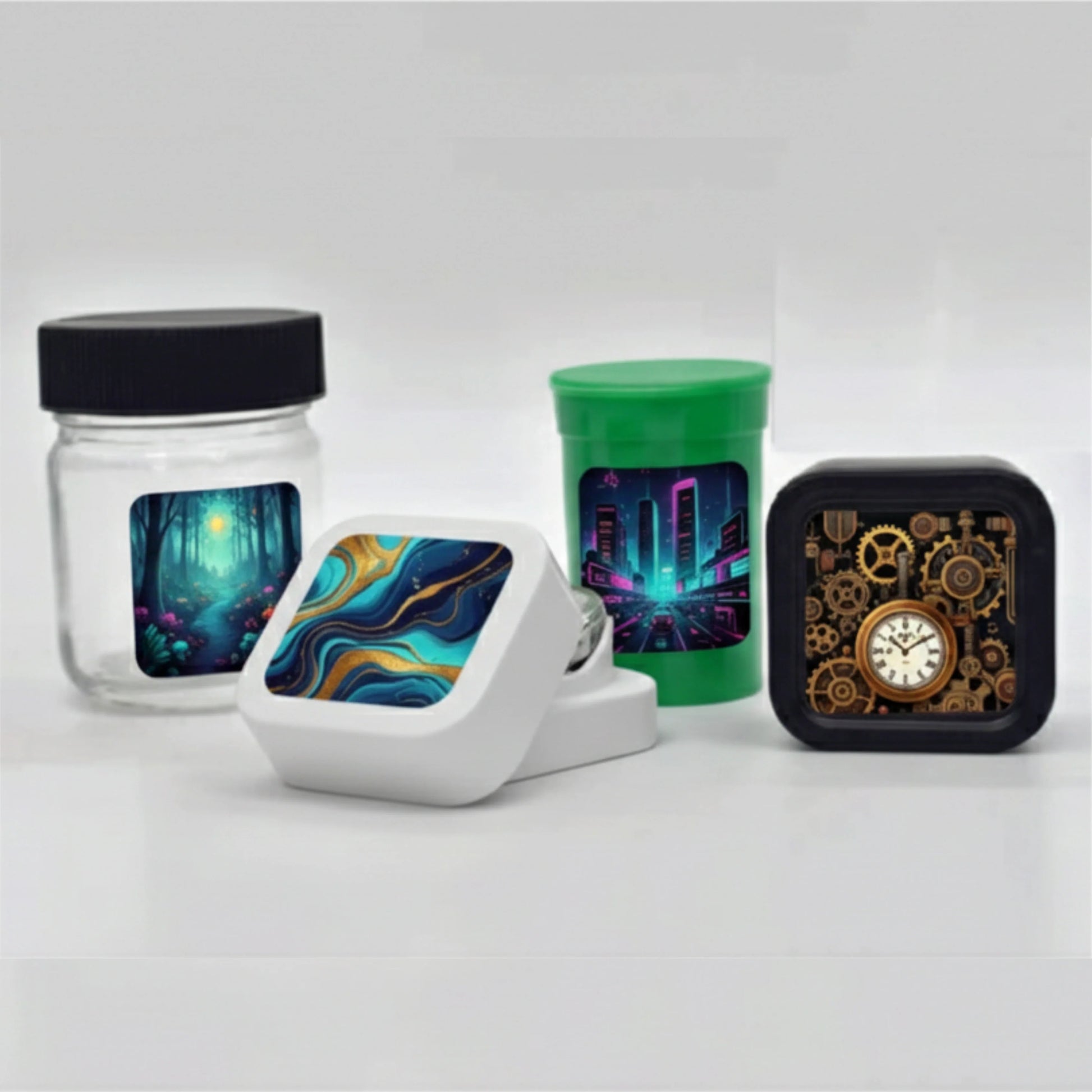 7ml clear glass low profile container with labels